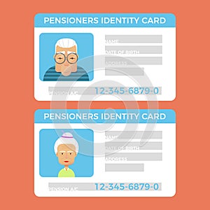Concept of pensioner id cards.Grandparents identity card. Flat vector illustration for web