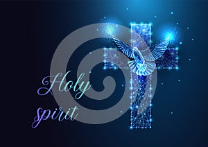 Concept of Pentecost Sunday, Holy Spirit with Christian cross and dove on dark blue background