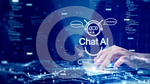The concept of a person using a computer connected to ChatAI technology to help process the required information. artificial