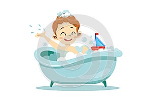 Concept Of Personal Hygiene Procedures. Happy Cheerful Boy Is Taking A Bath. Kid Is Relaxing And Playing With Toy Boat