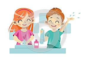 Concept Of Personal Hygiene Rules. Happy Cheerful Children Are Washing Hands Together Under Faucet With Soap In Bathroom