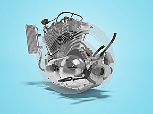 Concept petrol engine motorcycle two cylinder gear box 3d renderer on blue background with shadow