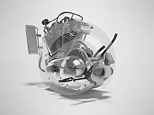 Concept petrol engine motorcycle two cylinder gear box 3d renderer on gray background with shadow