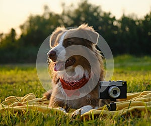 Concept pets look like people. Dog professional photographer with vintage film photo camera. Brown Australian Shepherd lies on