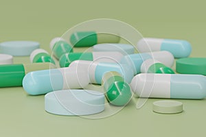 Concept pharmaceutical industry assorted medicine, colorful pills and tablets and capsules antibiotic, isolated on color