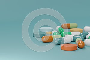 Concept pharmaceutical industry assorted medicine, colorful pills and tablets and capsules antibiotic, isolated on color