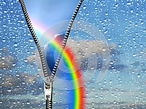 Unzip rainbow through wet weather rain on glass window pane