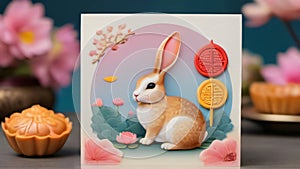 Photo Of Charming Midautumn Festival Card With A Playful Rabbit And Ornate Mooncakes On A Backdrop Of Lotus Blossom. Generative AI photo