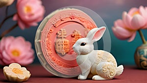 Photo Of Charming Midautumn Festival Card With A Playful Rabbit And Ornate Mooncakes On A Backdrop Of Lotus Blossom. Generative AI photo