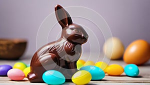 Photo Of Easter Composition With Chocolate Bunny And Colorful Easter Eggseaster Composition With Chocolate Bunny An. Generative AI