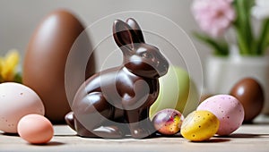 Photo Of Easter Composition With Chocolate Bunny And Colorful Easter Eggseaster Composition With Chocolate Bunny An. Generative AI
