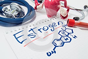 Concept photo of female sex hormone Estrogen and its level in body. Drawn chemical formula of estrogen lies beside anatomical shap