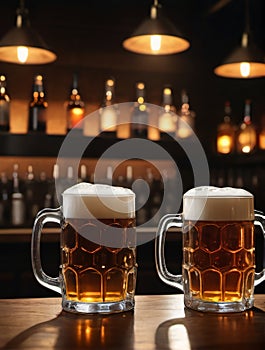 Photo Of Mugs Full Of Beer On A Bar Counter, Dramatic Lighting Illustration. Generative AI