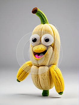 Photo Of A Needle-Felted Cartoon Latundan Banana Character Isolated On A White Background. Generative AI photo