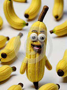 Photo Of A Needle-Felted Cartoon Latundan Banana Character Isolated On A White Background. Generative AI photo