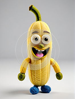 Photo Of A Needle-Felted Cartoon Latundan Banana Character Isolated On A White Background. Generative AI photo