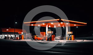 Concept photo oil production and gas station. A gas station at night with cars parked at the gas pumps