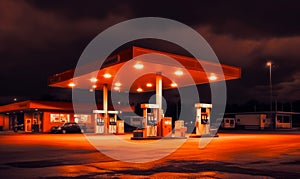 Concept photo oil production. A gas station at night with lights on