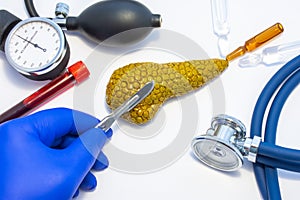 Concept photo of pancreas surgery, operation of gland resection or pancreatectomy