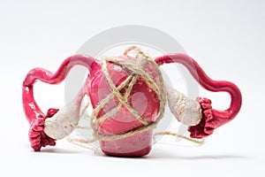 Concept photo of uterus menstrual cramps, pain and painful menstruation dysmenorrhea. Rope tightens around model of uterus with