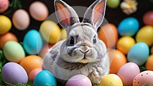 Photo Of Very Cute Easter Bunny Surrounded By Vibrant Easter Eggs, Illustration Of A Bunny As The Protagonist Of A . Generative AI