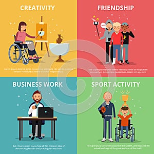 Concept pictures of disabled people rehabilitation. Human friendship. Vector banner set