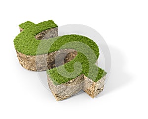 Concept of piece of ground and grass in a shape of dollar sign, isolated on white background,