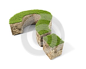 Concept of piece of ground and grass in a shape of question mark, isolated on white background,