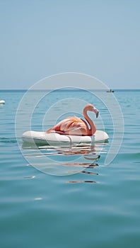 Pink flamingo floats peacefully on an ocean raft surrounded by calm waters photo