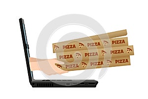 Concept for pizza delivery service. Hands of courier with three pizza boxes appear from open laptop. Vector illustration