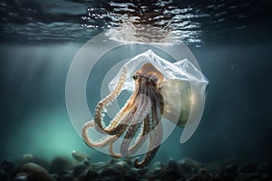 The concept of plastic kills life. octopus and plastic bags. Plastic pollution. AI generation