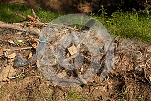 Concept - plastic in the world`s oceans. Environmental pollution. A tangled fishing net that is thrown ashore by waves is