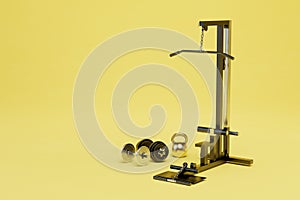 the concept of playing sports in the gym. exercise machine, kettlebell and dumbbells on a yellow background. 3D render