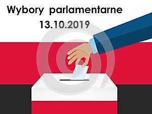 Concept of Poland Election 2019. Hand Putting Voting Paper in the Ballot Box. Vector Illustration Flat Style Poland text: