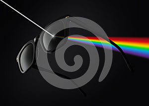 Concept of polarized lenses, sunglasses isolated on black background filter the rays of sunlight, with rainbow colors illustration