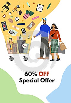 Concept poster or flyer for shop sales and discounts. Happy woman and man standing together and holding shopping cart