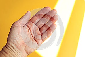 The concept of predicting a person`s fate along the lines of life. The hand of an elderly woman on a yellow background, top view,