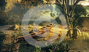 A concept of prehistoric landscape with native boat, pristine forest and adventurous travel.