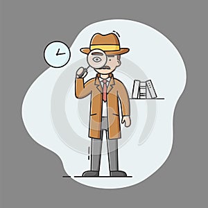 Concept Of Private Detective. Young Cartoon Detective Is Looking Through Magnifier Glass. Man Is Doing His Job. Process