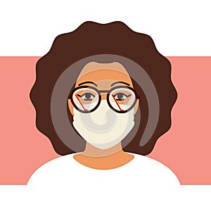 Concept problem of fogging lenses when wearing glasses and mask in cold time. Portrait of woman in glasses with wipers