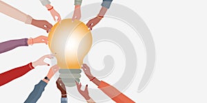 Concept problem solving. Hands of diverse and multi-ethnic people holding a light bulb. Innovative idea metaphor. Banner copyspace