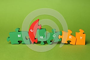 Concept of problems with memory, amnesia disease on green background