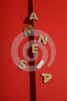 Concept of problems with memory, amnesia disease on red background