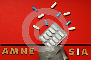 Concept of problems with memory, amnesia disease on red background