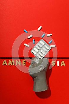 Concept of problems with memory, amnesia disease on red background