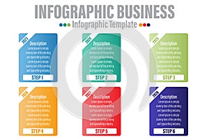 Concept of process with Six 6 successive steps. Six colorful graphic elements. Timeline design for brochure, presentation, web