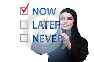 Concept of procrastination with now or later