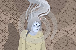 Concept of professional burnout, sad and tired woman with smoke above her head.