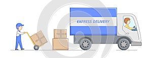 Concept Of Professional Express Delivery Service. Man Worker Loading Goods Into Delivery Truck. Boy In Uniform Loading