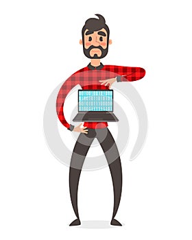Concept of programmer superhero. Vector people illustration. Binary data code, coding on laptop. Cartoon style